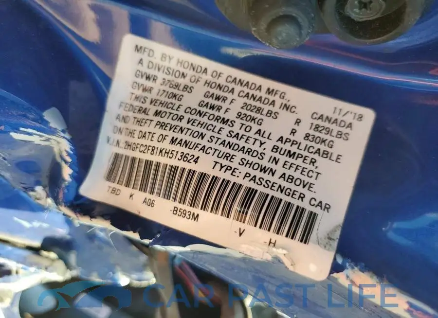 2HGFC2F81KH513624# 12