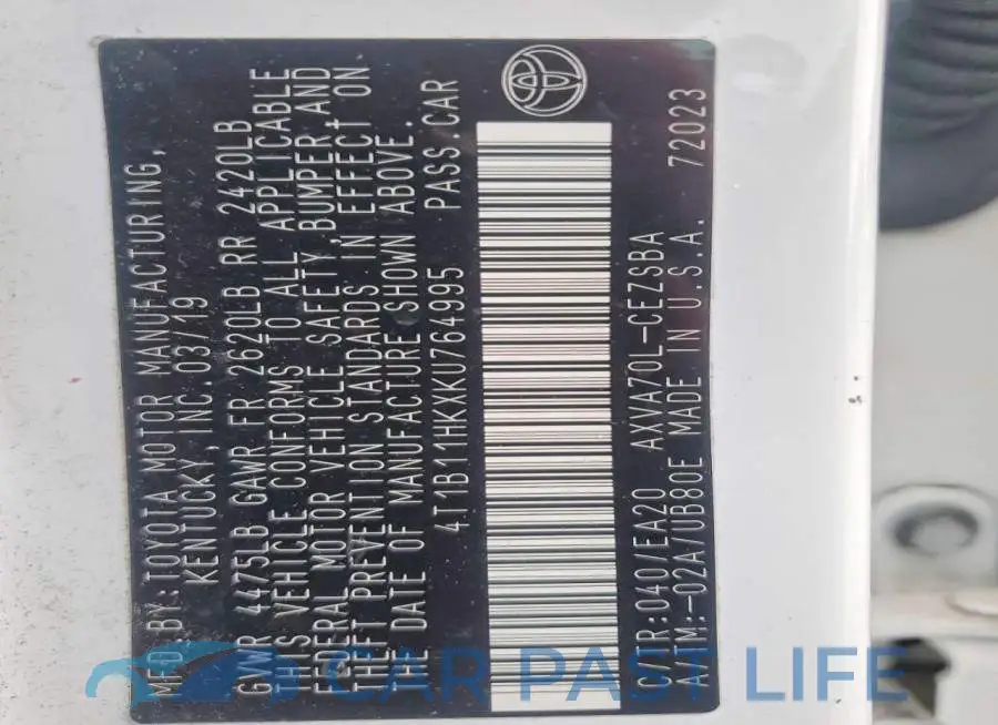 4T1B11HKXKU764995# 12