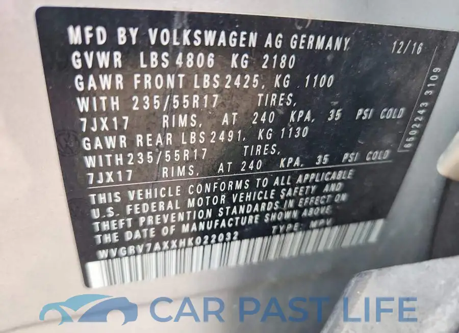 WVGRV7AXXHK022032# 12