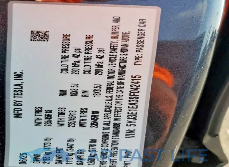 5YJ3E1EA3SF042415# 12