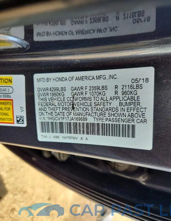 1HGCV1F17JA169689# 13