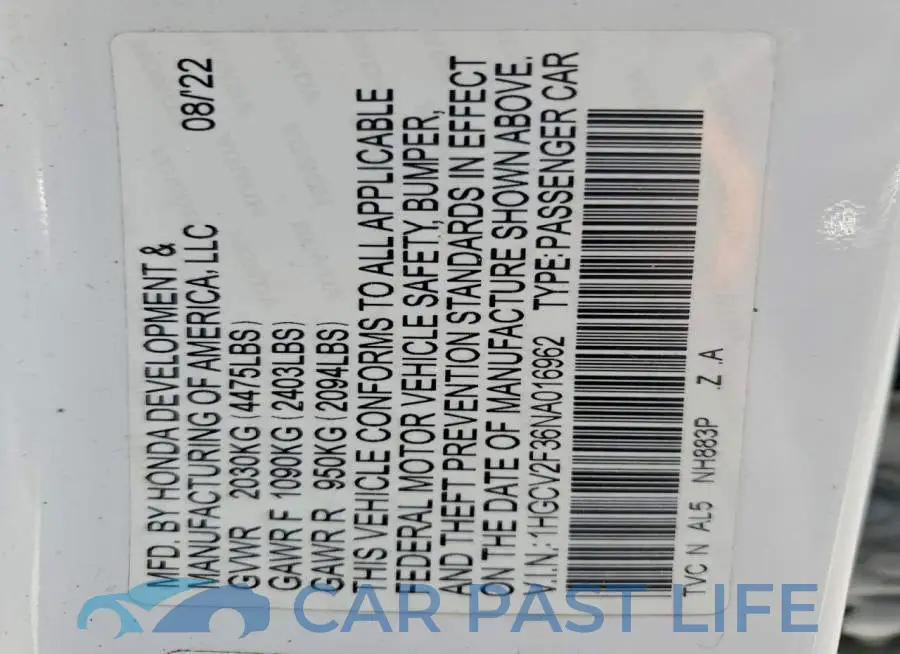 1HGCV2F36NA016962# 12