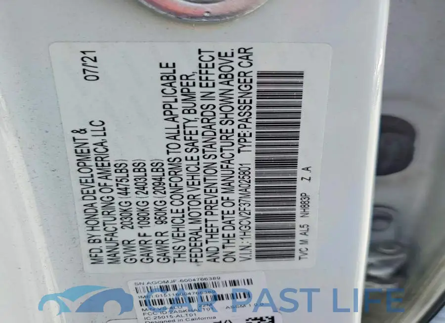 1HGCV2F37MA025801# 12