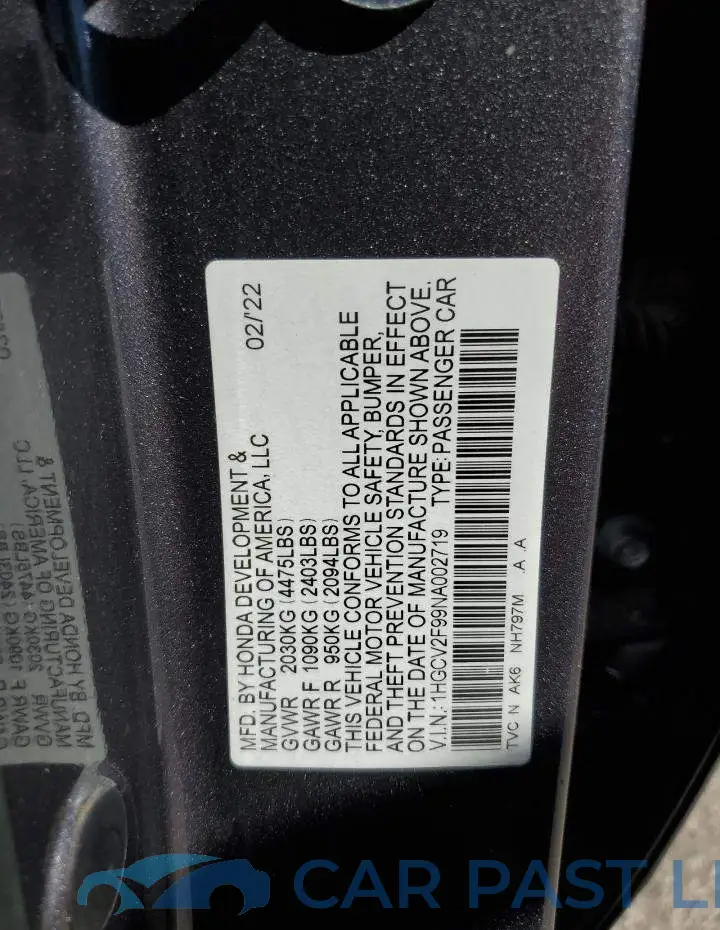 1HGCV2F99NA002719# 12