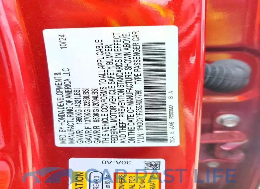 1HGCY1F25SA007786# 12