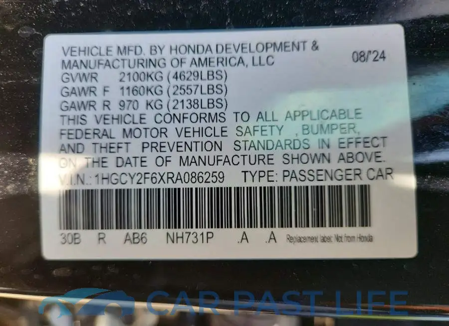 1HGCY2F6XRA086259# 12