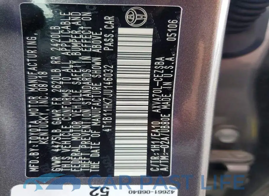 4T1B11HK7JU146032# 12