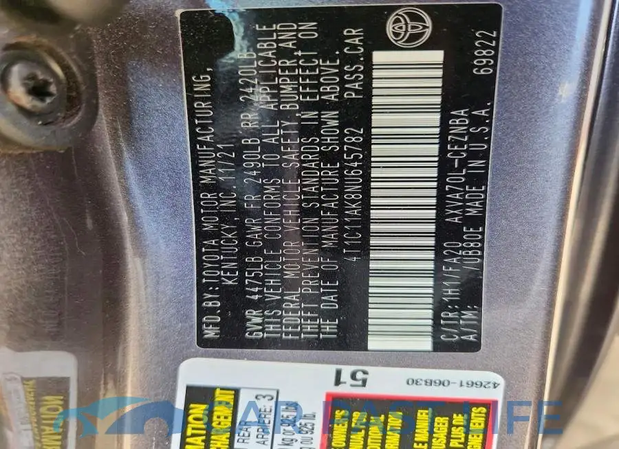 4T1C11AK8NU645782# 12