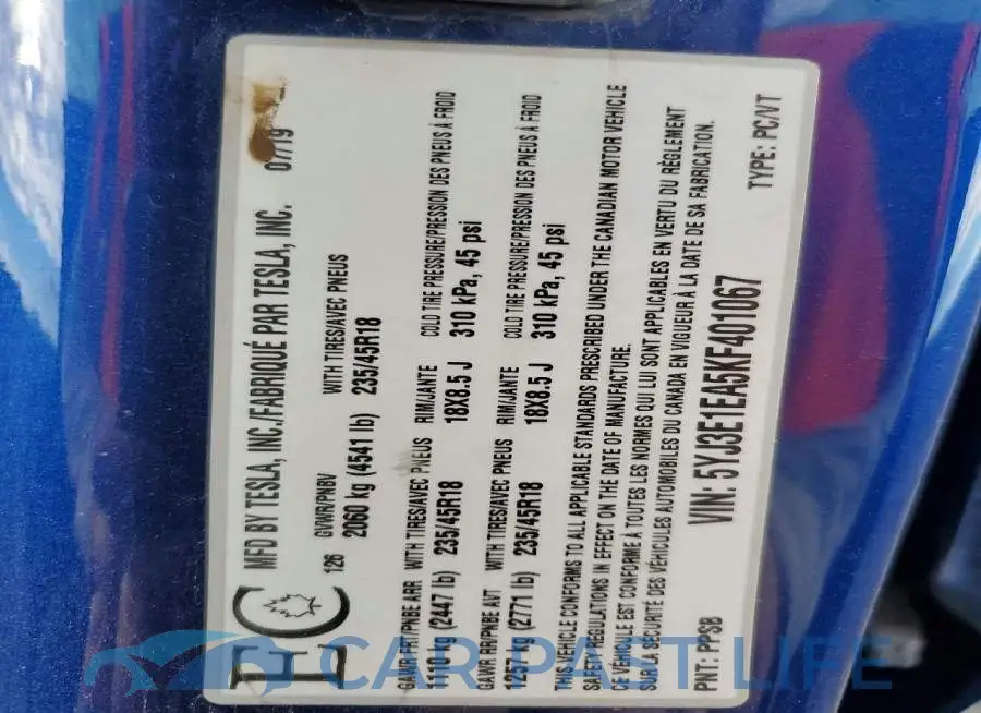 5YJ3E1EA5KF401067# 12