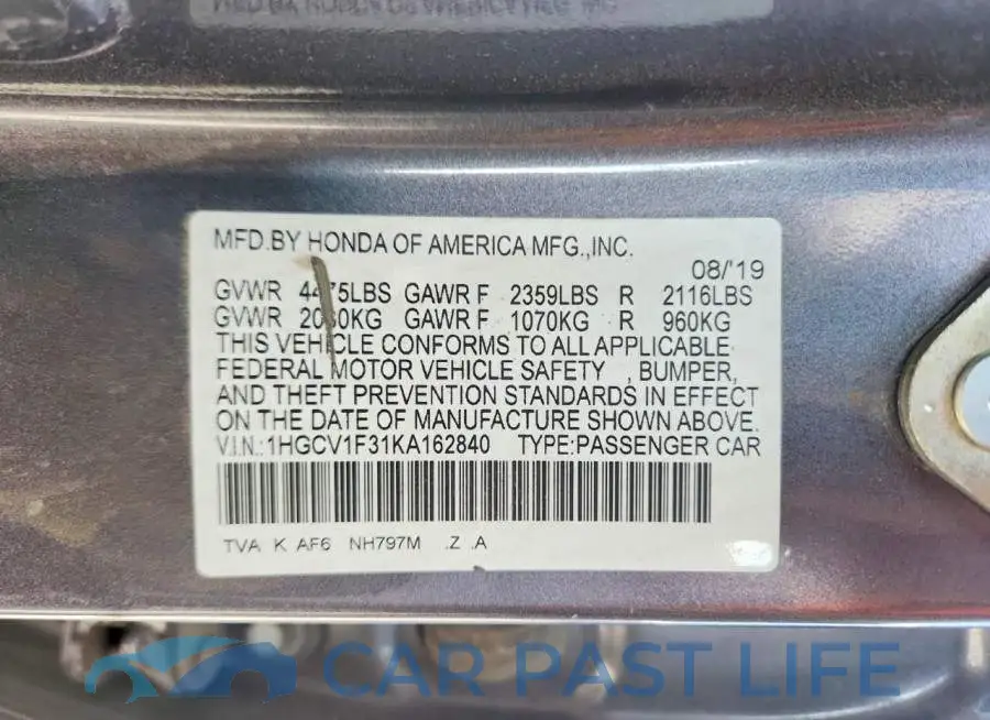 1HGCV1F31KA162840# 12