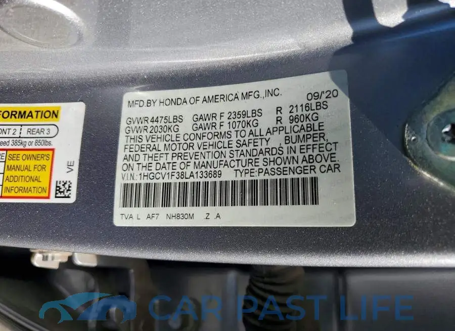 1HGCV1F38LA133689# 12