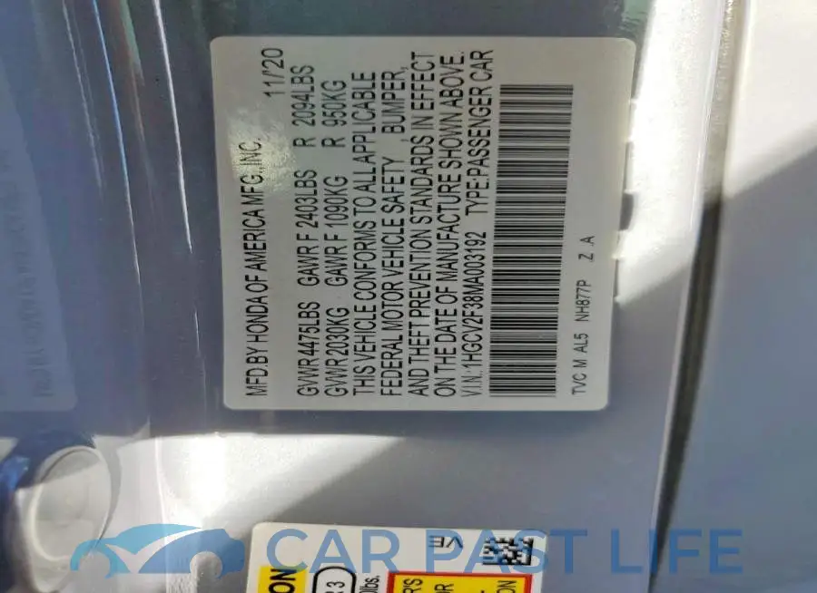 1HGCV2F38MA003192# 12