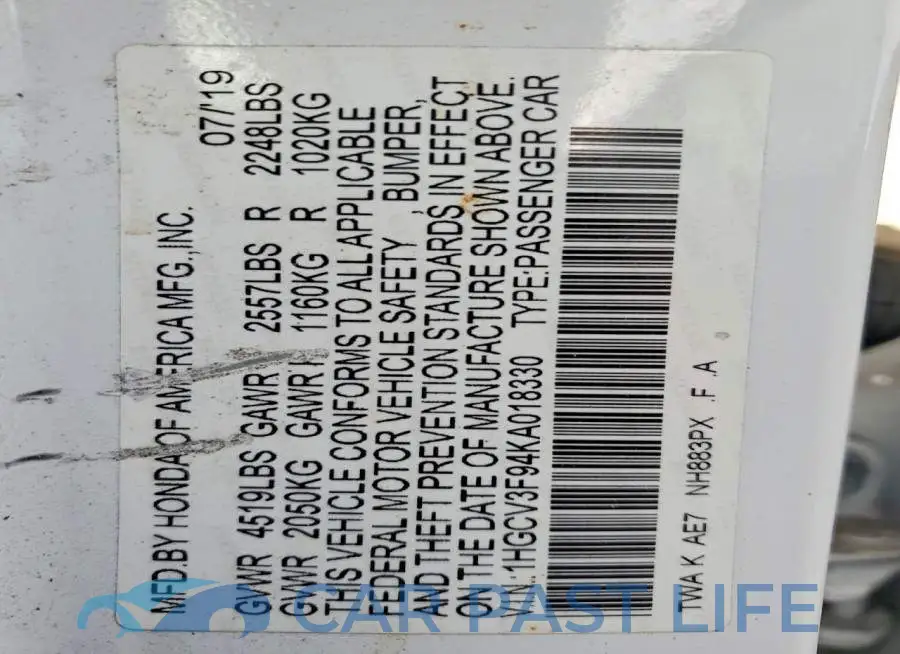 1HGCV3F94KA018330# 13