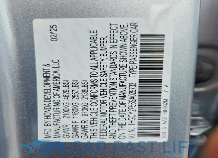 1HGCY2F56SA029733# 12