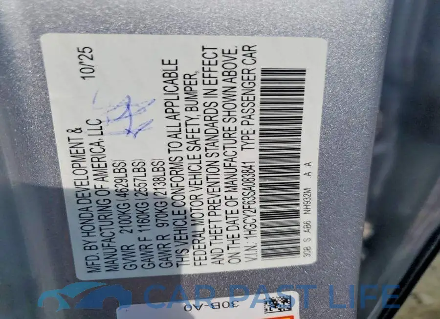 1HGCY2F63SA083841# 12