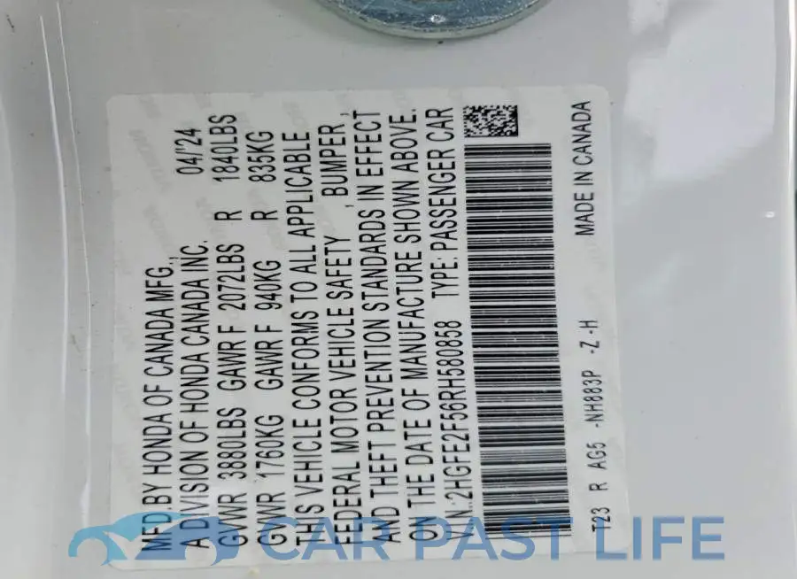2HGFE2F56RH580858# 12