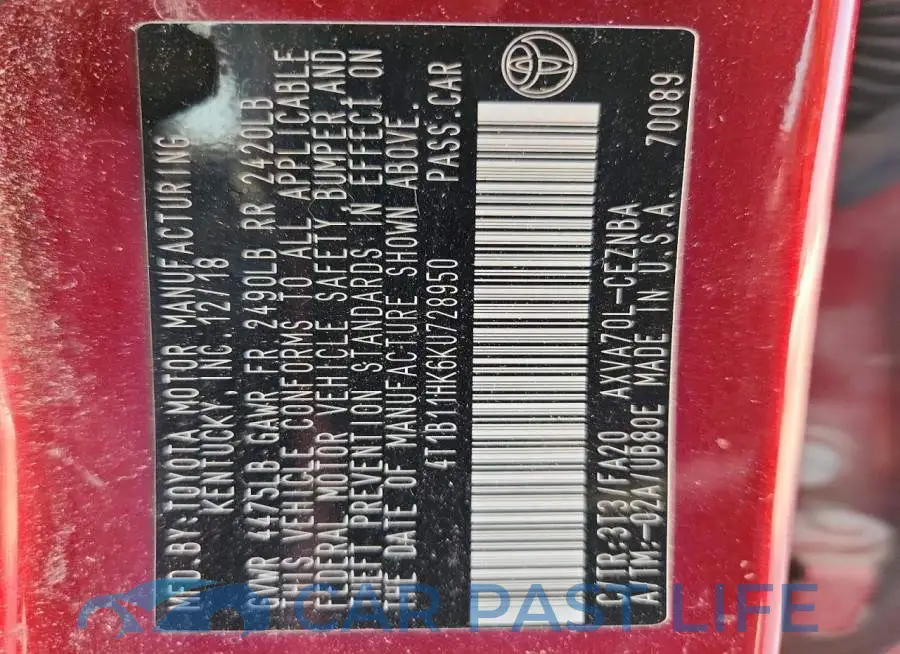 4T1B11HK6KU728950# 13