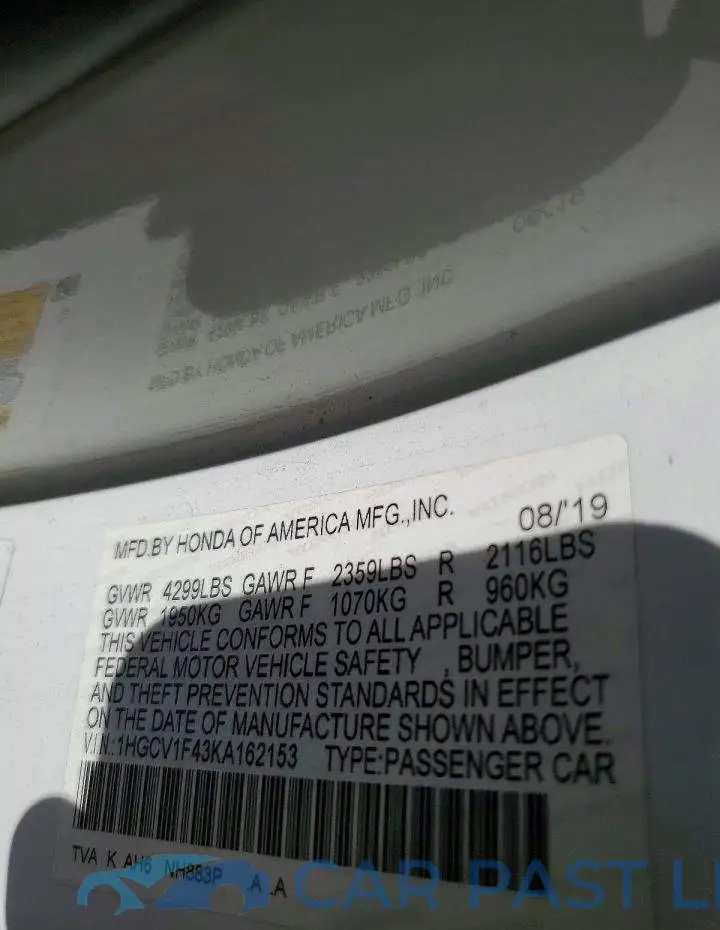 1HGCV1F43KA162153# 12