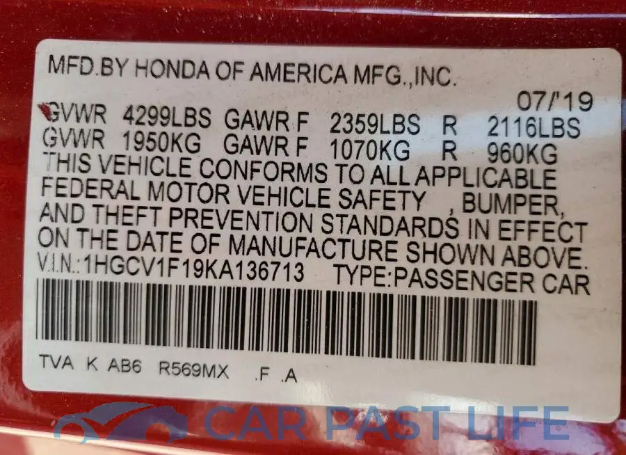 1HGCV1F19KA136713# 13