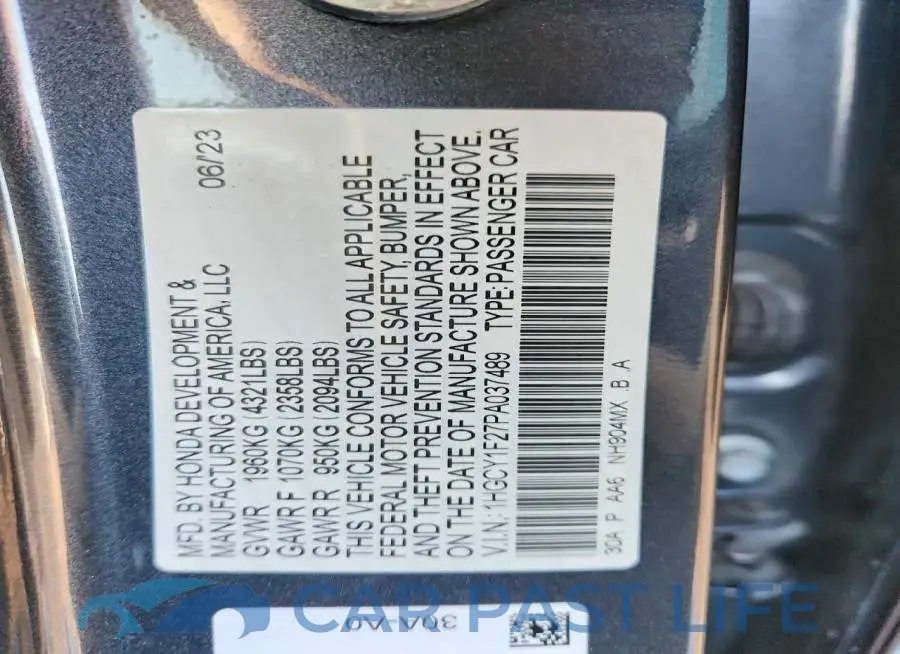 1HGCY1F27PA037489# 12