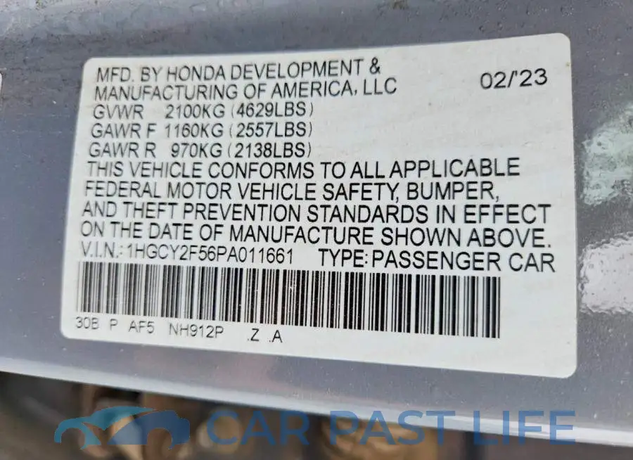 1HGCY2F56PA011661# 12