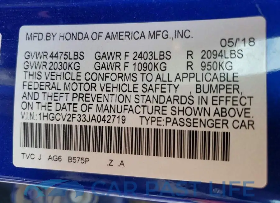 1HGCV2F33JA042719# 12