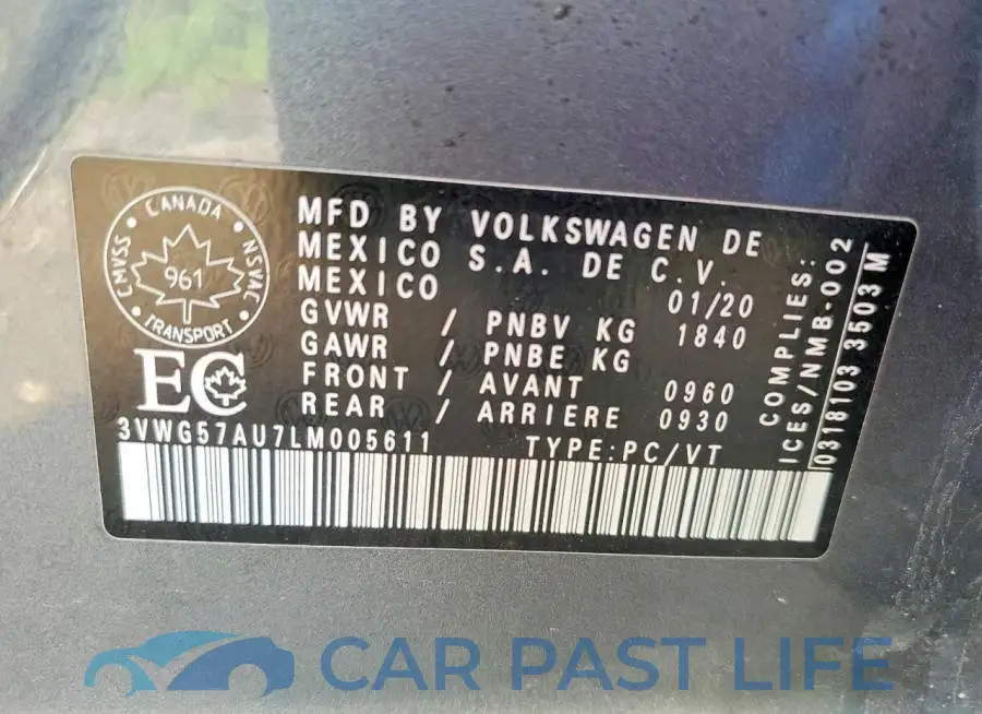 3VWG57AU7LM005611# 12