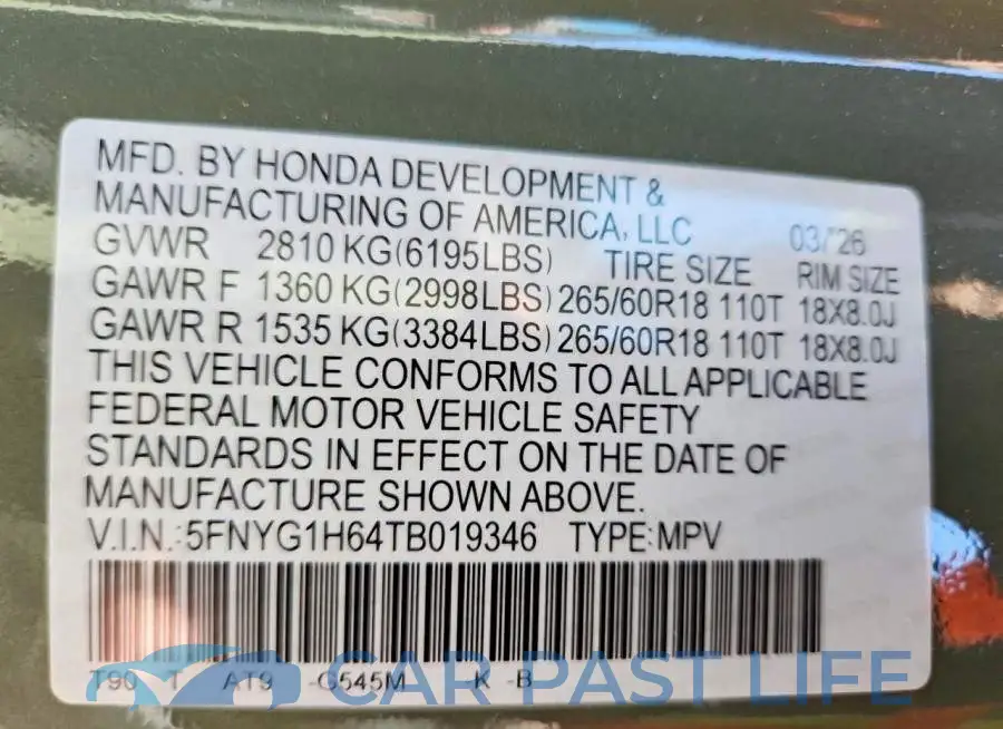 5FNYG1H64TB019346# 14