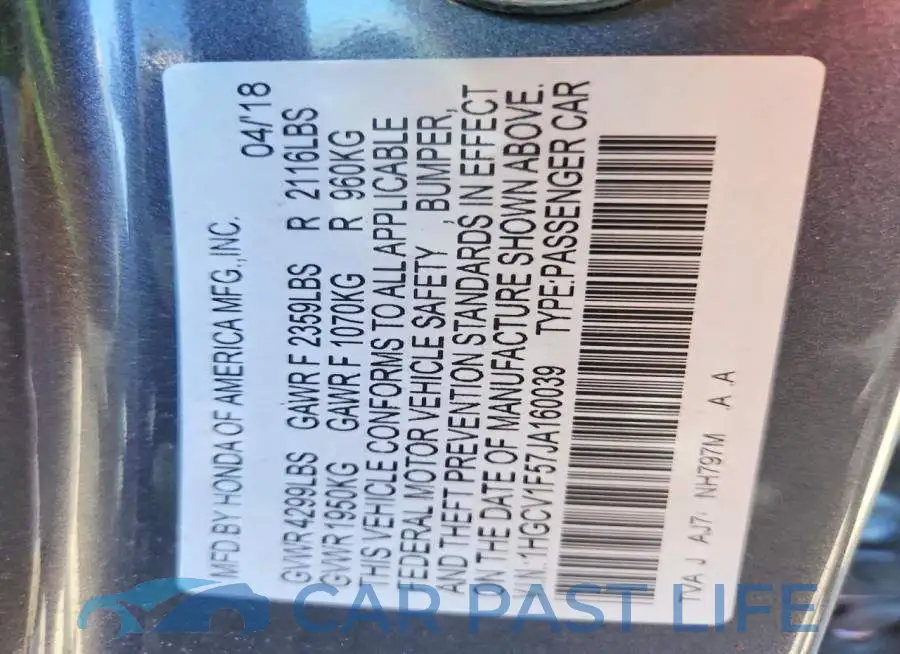 1HGCV1F57JA160039# 12