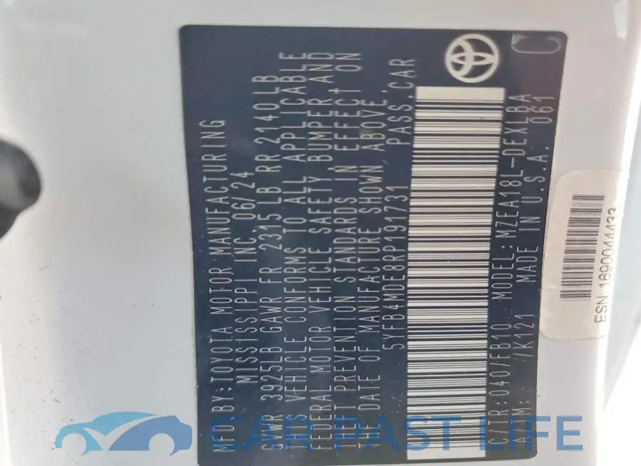 5YFB4MDE8RP191731# 13