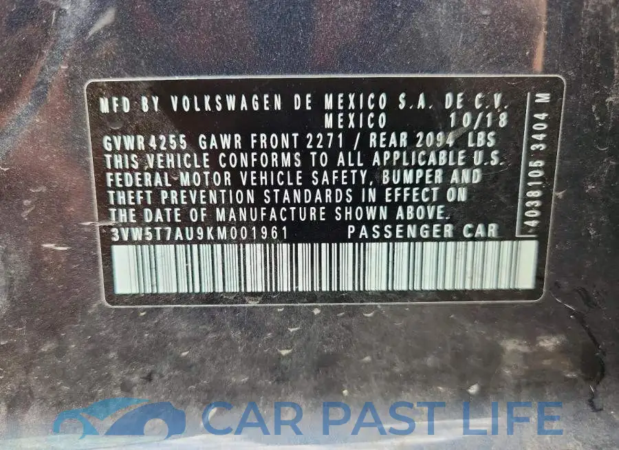3VW5T7AU9KM001961# 12