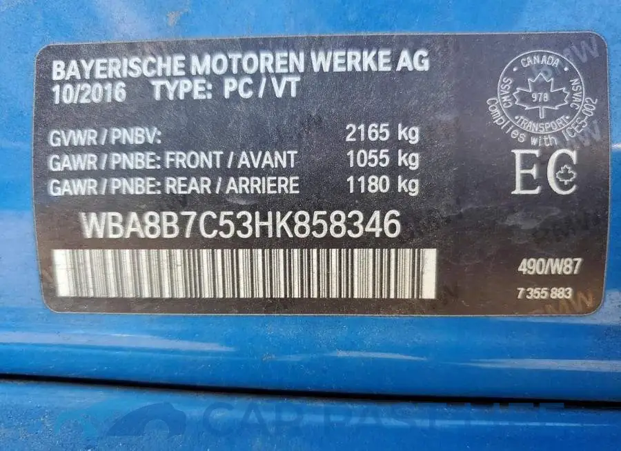 WBA8B7C53HK858346# 12