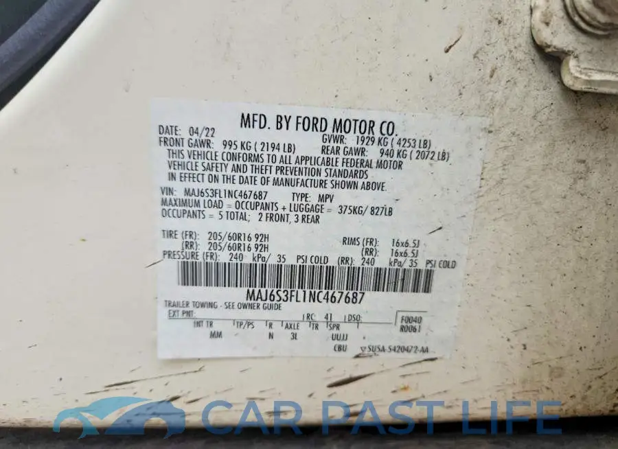 MAJ6S3FL1NC467687# 12