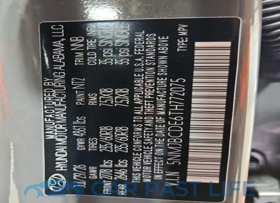 5NMJBCDE6TH772075# 12