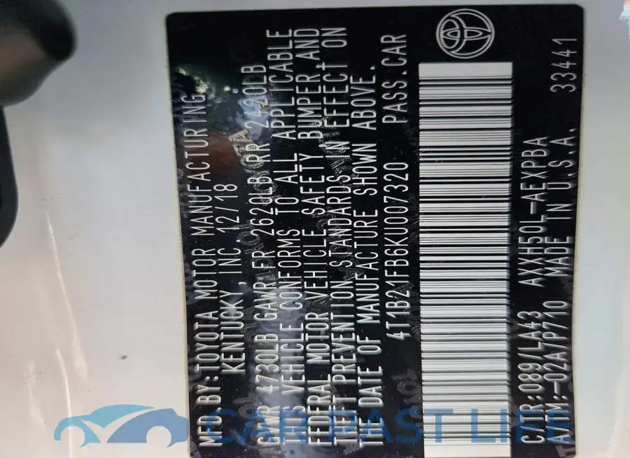 4T1B21FB6KU007320# 12