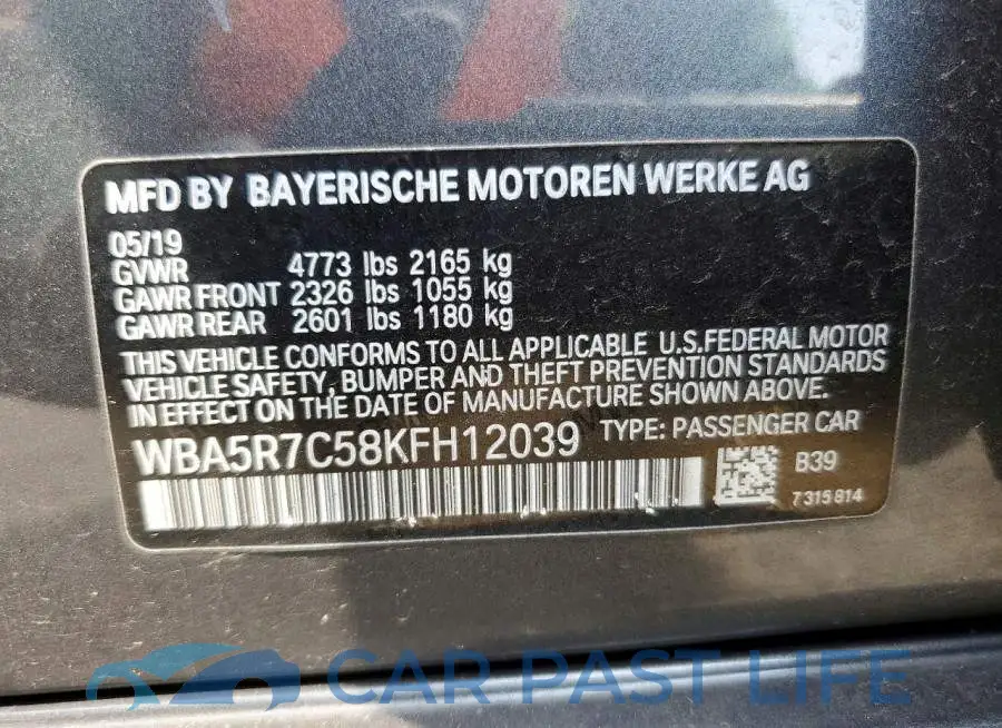 WBA5R7C58KFH12039# 12