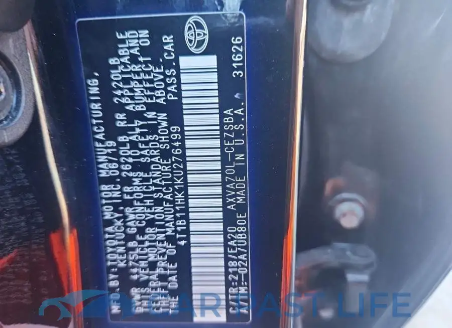 4T1B11HK1KU276499# 12