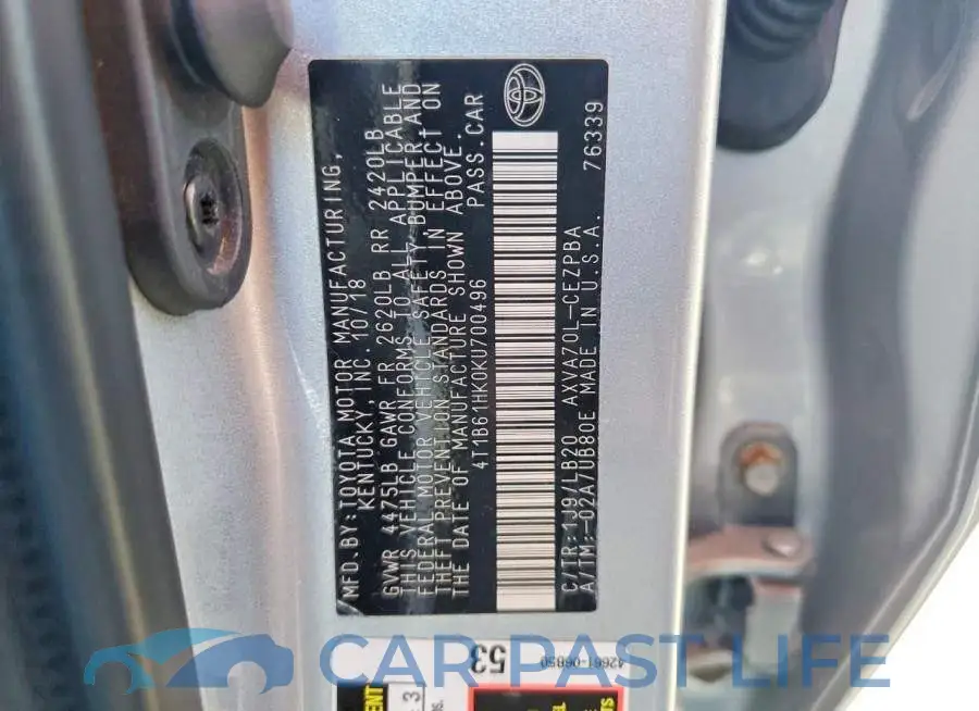 4T1B61HK0KU700496# 12