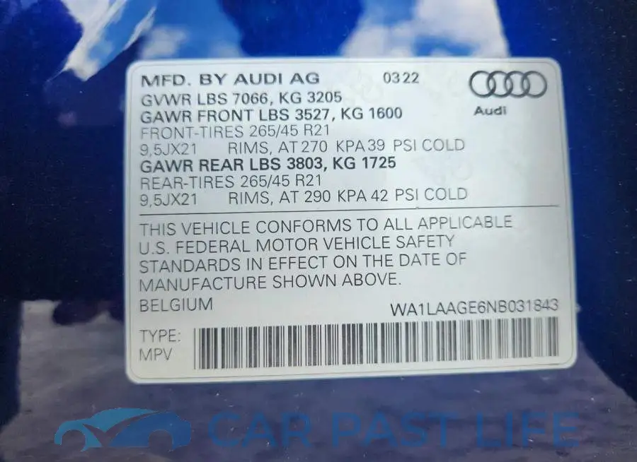 WA1LAAGE6NB031843# 12
