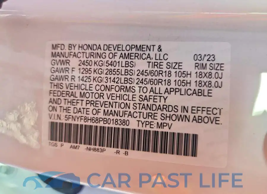 5FNYF8H68PB018380# 12