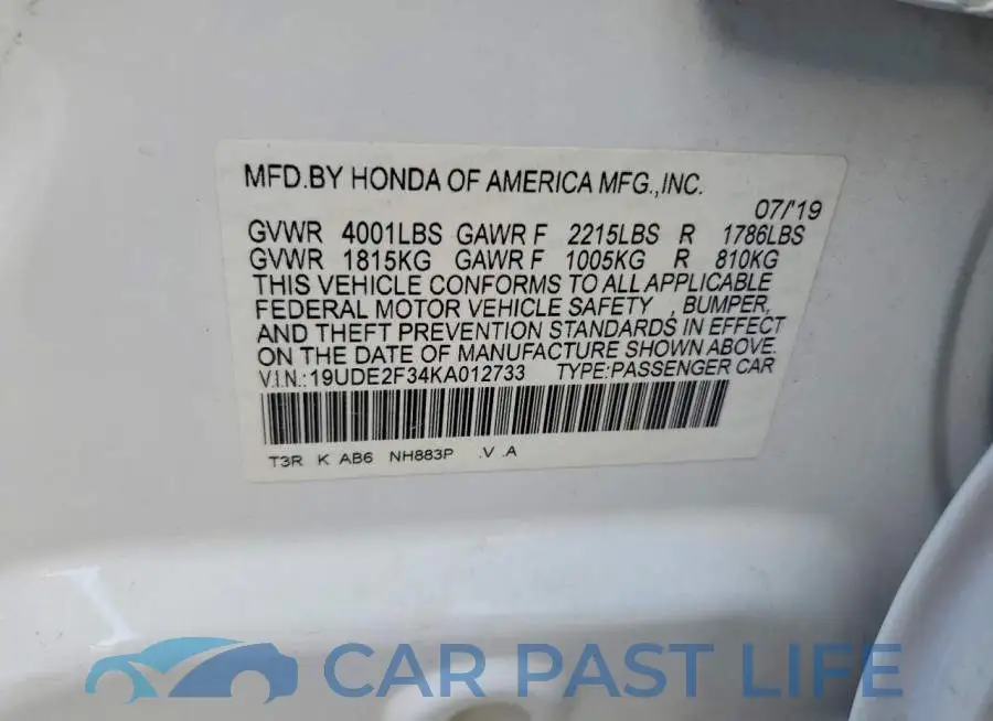 19UDE2F34KA012733# 12