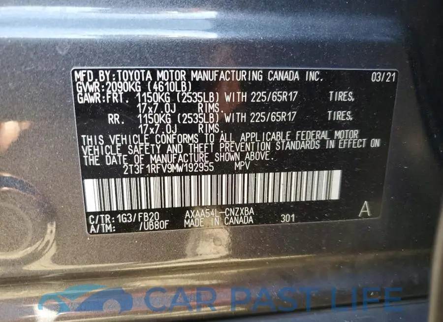 2T3F1RFV9MW192955# 12