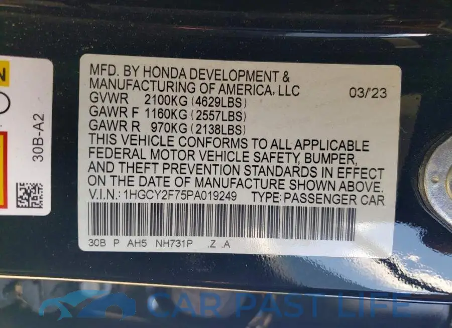 1HGCY2F75PA019249# 12