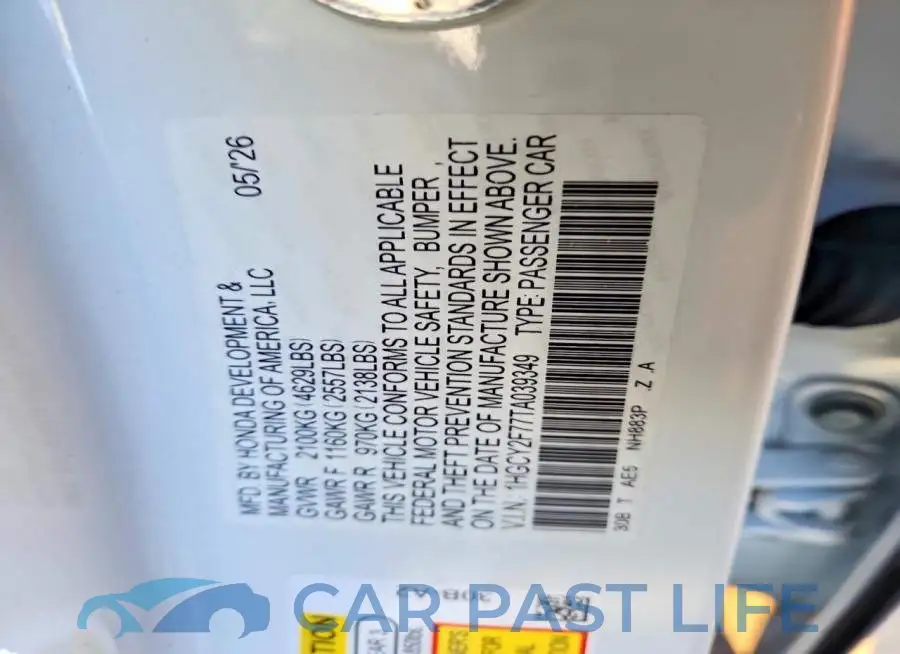 1HGCY2F77TA039349# 12