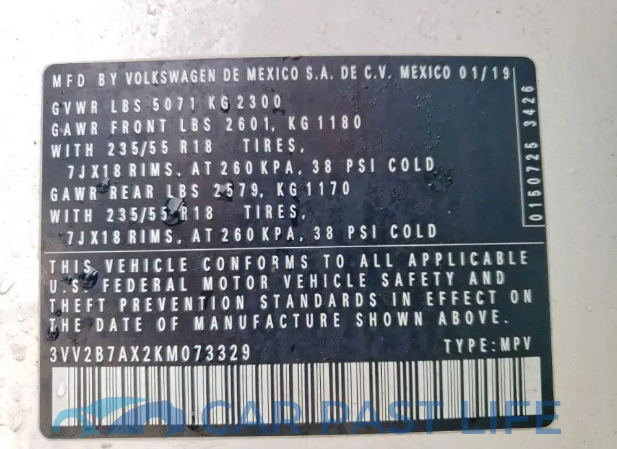3VV2B7AX2KM073329# 12