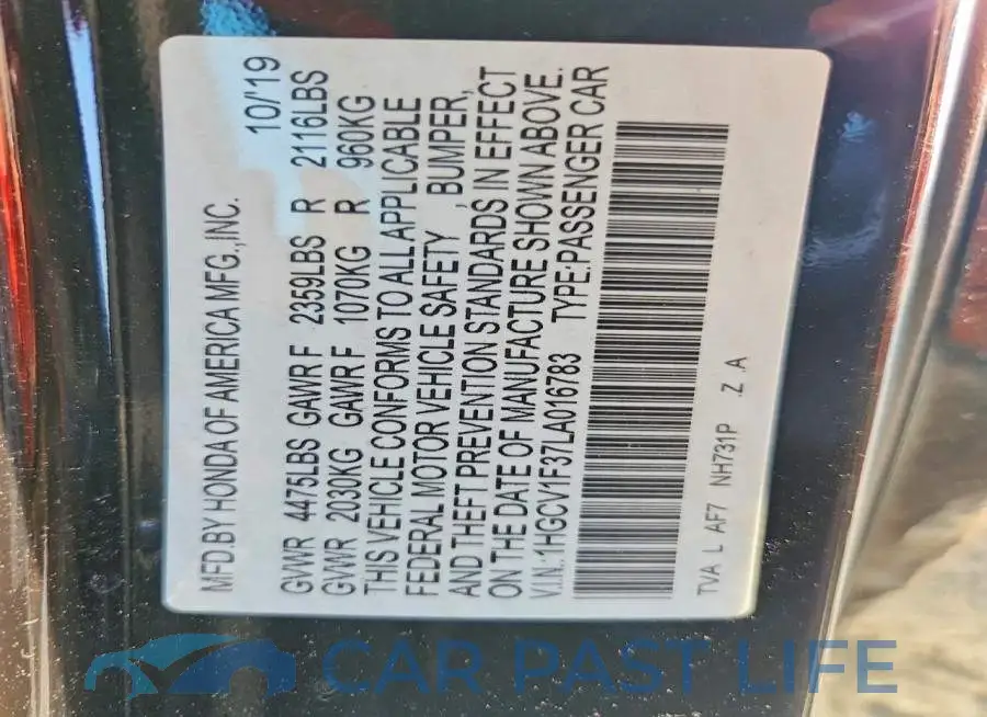 1HGCV1F37LA016783# 12