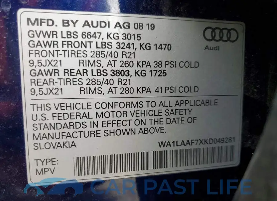 WA1LAAF7XKD049281# 12