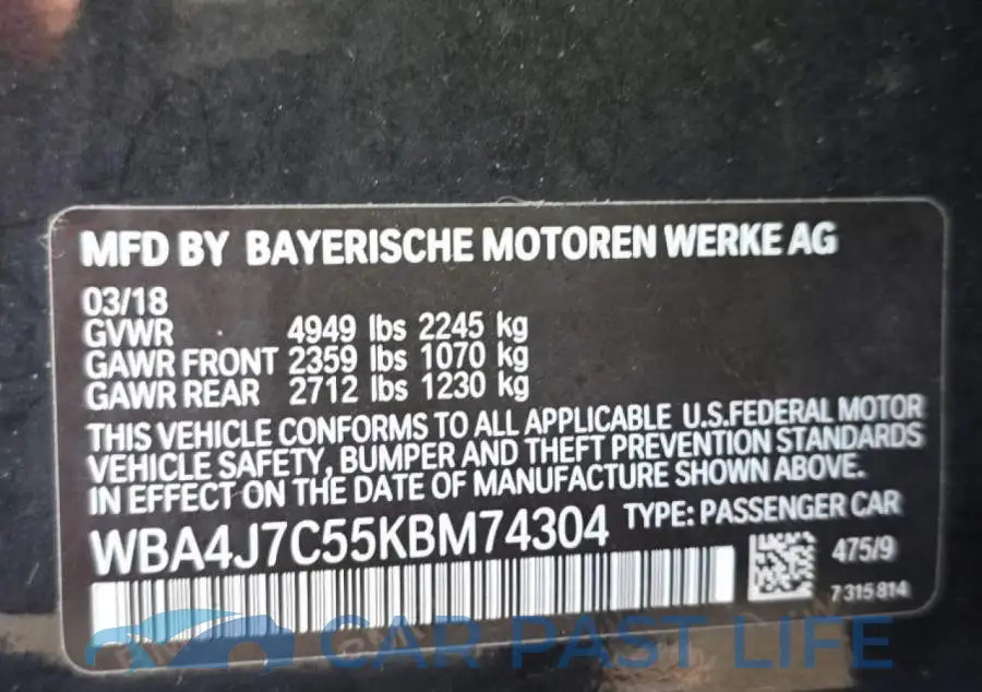 WBA4J7C55KBM74304# 10