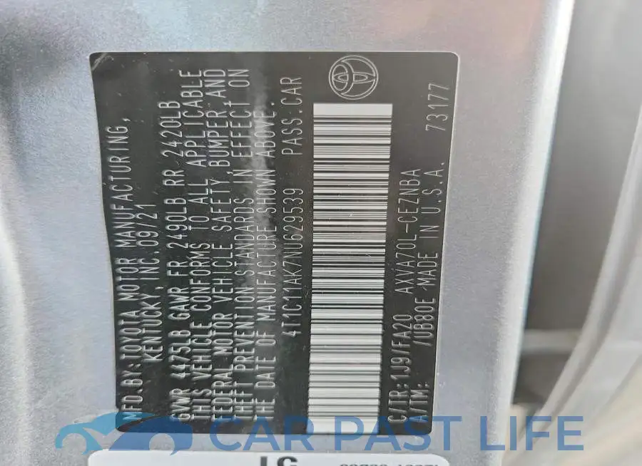 4T1C11AK7NU629539# 12