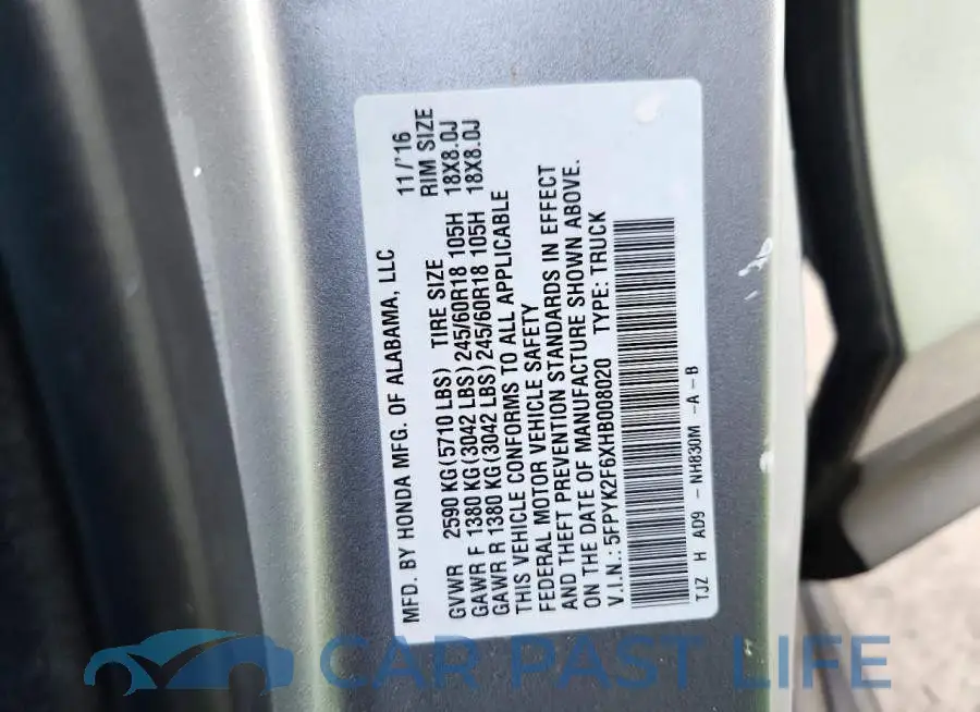 5FPYK2F6XHB008020# 12